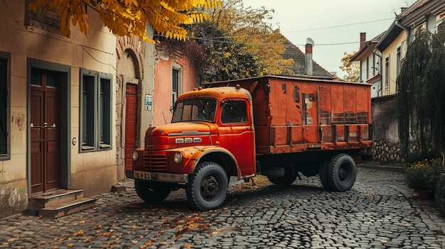 Photo red truck parked in picturesque village street nostalgic scene