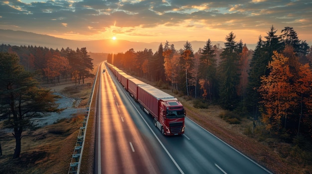 Red Truck on a Winding Road in Autumn