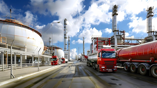 a red truck with a red tank on the back is carrying fuel