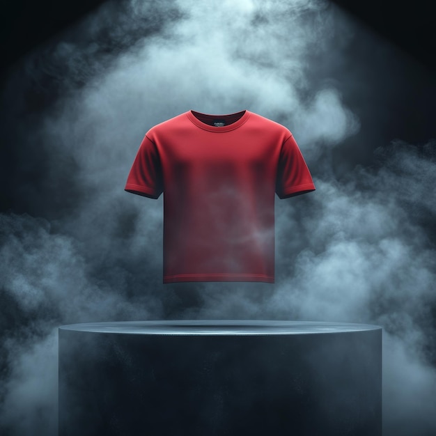 Red TShirt on Black Pedestal Floating Smoke Realistic 3D Render Mockup Template Apparel