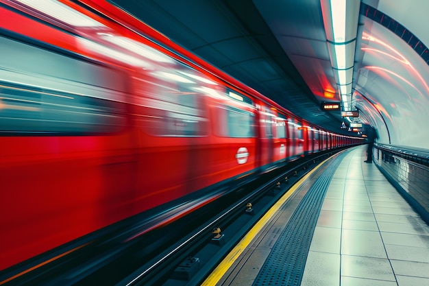 A red tube train in motion was filmed from the perspective of someone standing on one side as it passed Generative AI 1