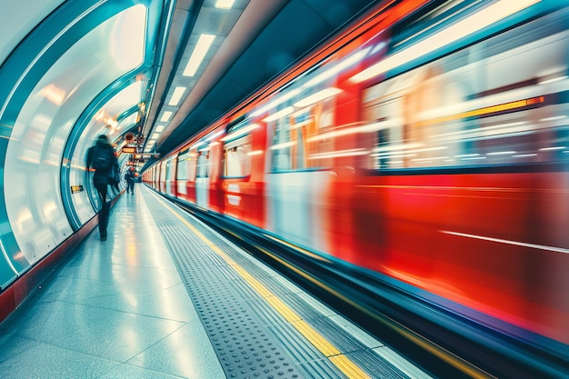 A red tube train in motion was filmed from the perspective of someone standing on one side as it passed Generative AI 1