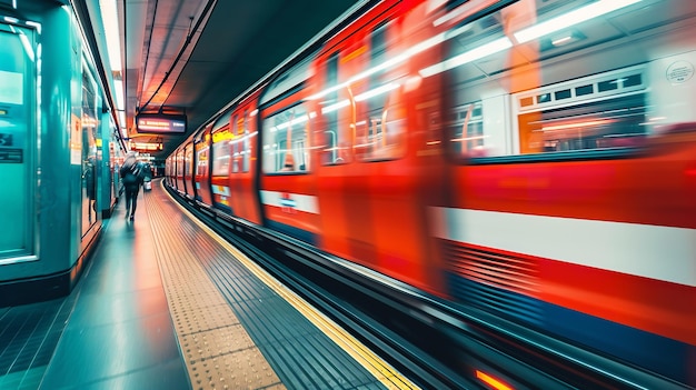 A red tube train in motion was filmed from the perspective of someone standing on one side as it passed Generative AI 1