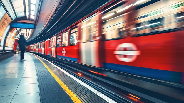 A red tube train in motion was filmed from the perspective of someone standing on one side as it passed Generative AI 1