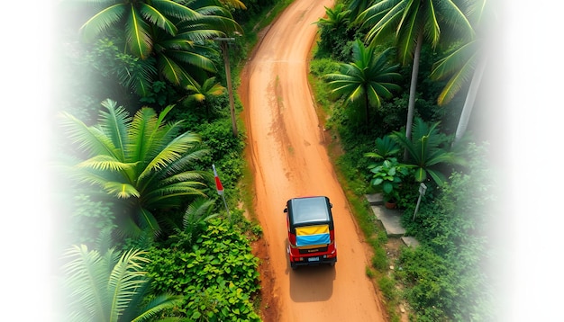 Photo a red tuktuk driving on a dirt road in a lush tropical setting in sri lanka aerial view isolated