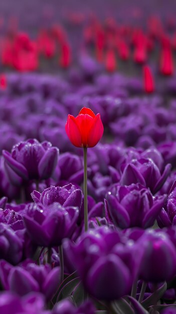 Photo a red tulip standing out in a purple tulip field