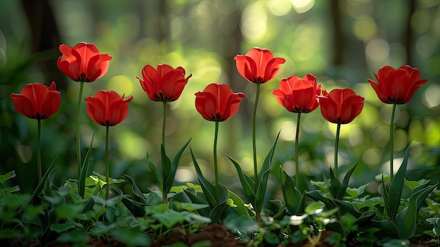 Red tulips in the garden HD 8K wallpaper Stock Photographic Image