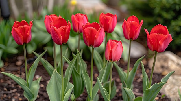 Red tulips in the garden HD 8K wallpaper Stock Photographic Image