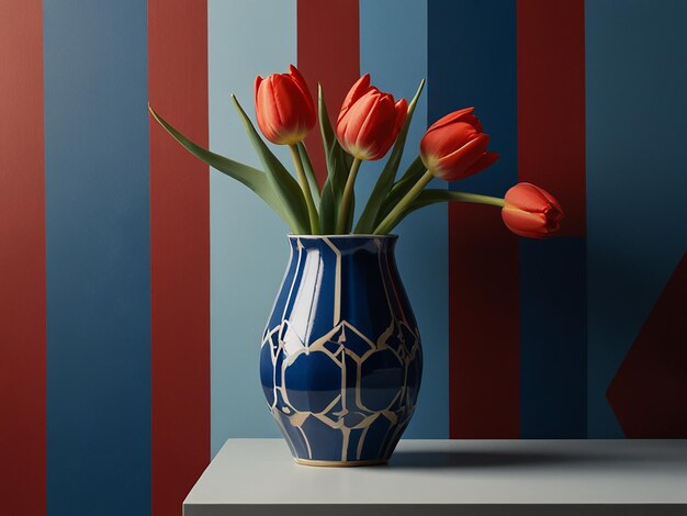 Photo red tulips in a geometric vase against a blue background