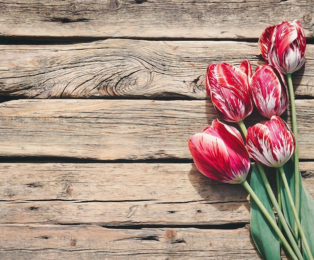 Red tulips on wooden boards with copy space