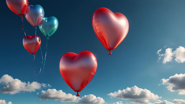 Red and Turquoise Heart Shaped Balloons Soaring Amidst the Clouds in the Sky