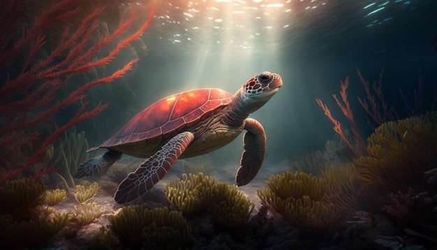 red turtle in the ocean with marine plants