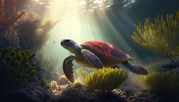 red turtle in the ocean with marine plants