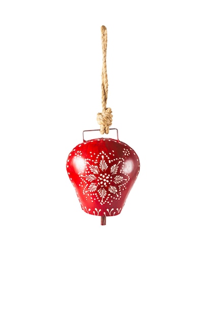 Red tyrolean cowbell on a rope front view isolated