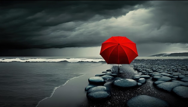 A red umbrella is on a beach with rocks and the sky is cloudy.