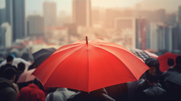 A red umbrella is held up in front of a cityscape.