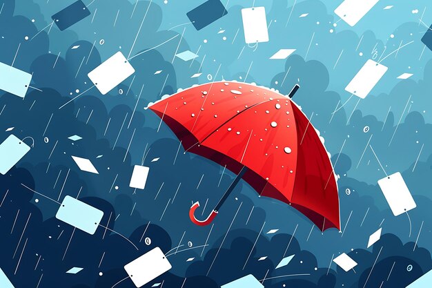 Photo red umbrella realistic rain and water drops design on dark blue background