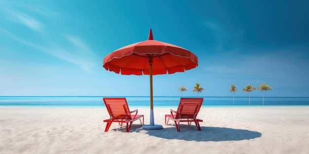 Red Umbrella with Beach Chairs on Tropical Beach Blue Sky Background Generative AI