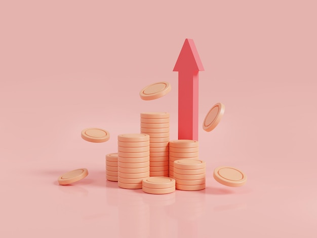 Red up arrow and coin stacks on pink background Economic growth Financial success business money investment coin up cash Money growth concept 3d icon render illustration cartoon minimal