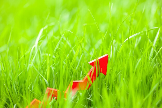 Red up arrow in the lawn grass. Copy space for text.