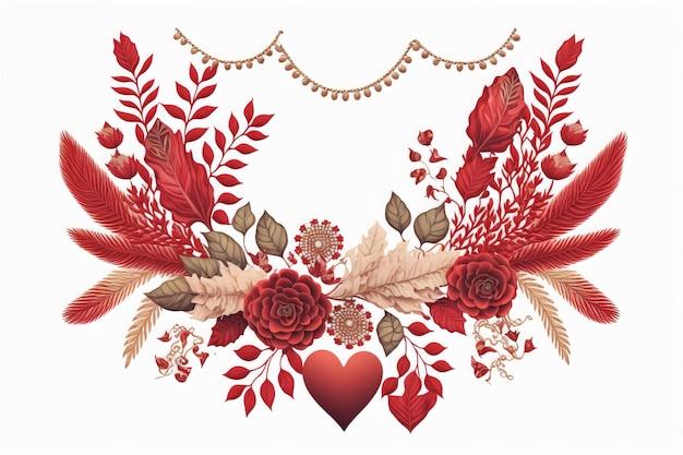 red valentines garland on white isolated background , boho style