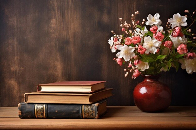 a red vase with flowers and a book on top of it