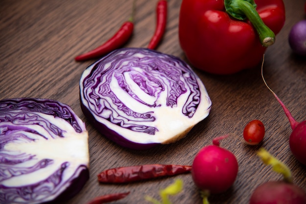 Red vegetables set on wooden background