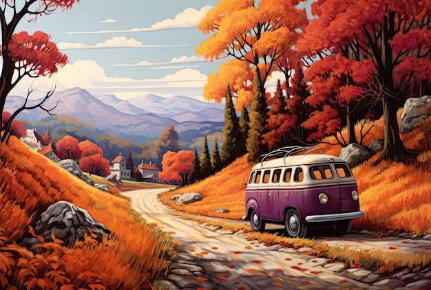 a red vehicle drives slowly down an idyllic road in autumn in the style of bold and vibrant