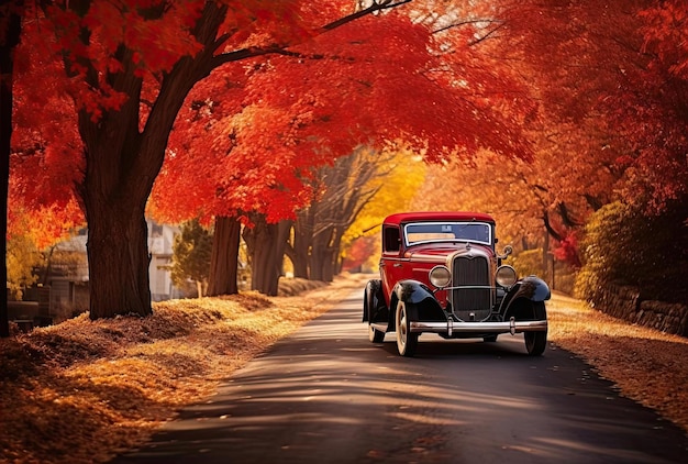 a red vehicle drives slowly down an idyllic road in autumn in the style of bold and vibrant