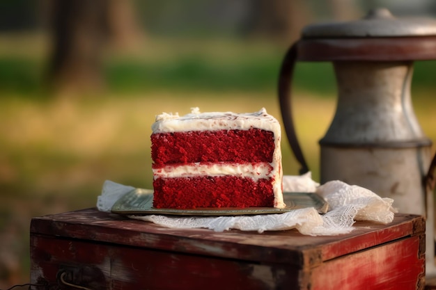 Red velvet cake on an antique wooden crate