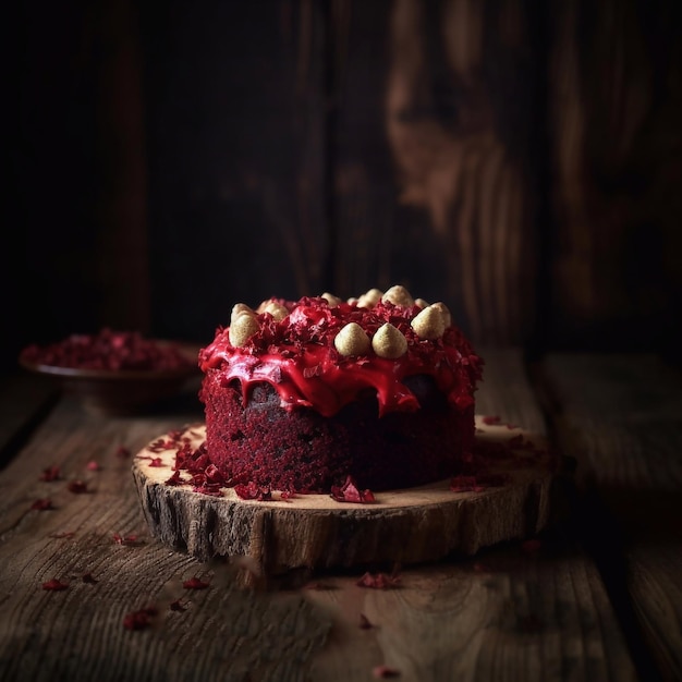 Red velvet cake on a dark background Copy space Generative AI