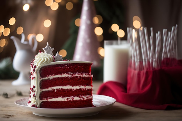 Red velvet cake in a festive setting on a white cake stand selective focus