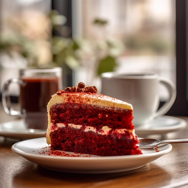 Red velvet cake Serving in a cozy cafe Copy space Generative AI