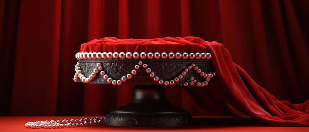 A red velvet cake with red and white beaded trim sits on a red tablecloth.