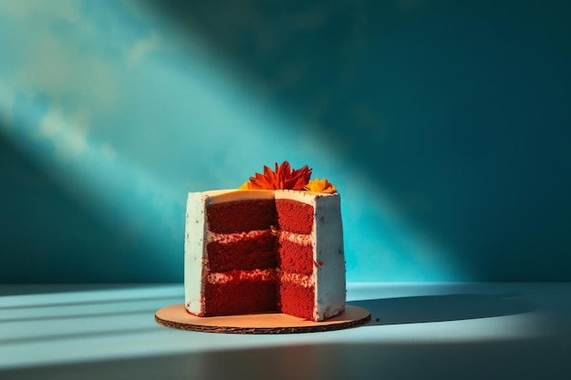 A red velvet cake with a slice cut out of it