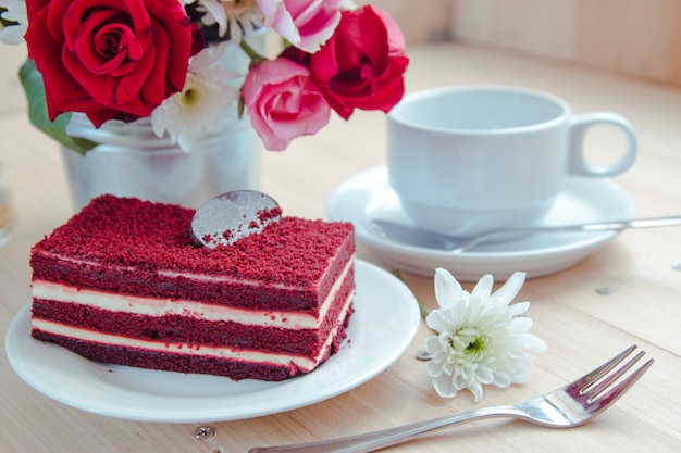 Red velvet cheese cake and dark chocolate on top