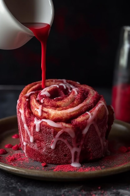 A red velvet cinnamon roll being poured over a plate with raspberry cinnamon rolls.