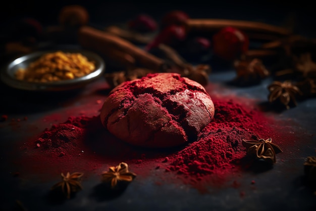 A red velvet cookie with cinnamon and star anise on the side