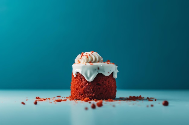 A red velvet cupcake with white frosting and a white icing on top.