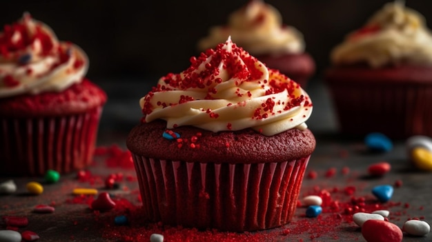 Red velvet cupcakes with a red velvet cake on top