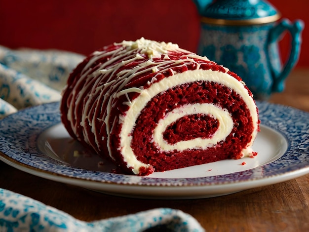 a red velvet roll cake with cream cheese filling beautifully displayed on a plate