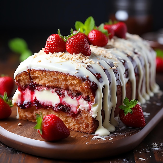 Red velvet roll cake with cream and fresh strawberries on light background