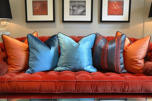 Photo red velvet sofa with colorful pillows and framed artwork