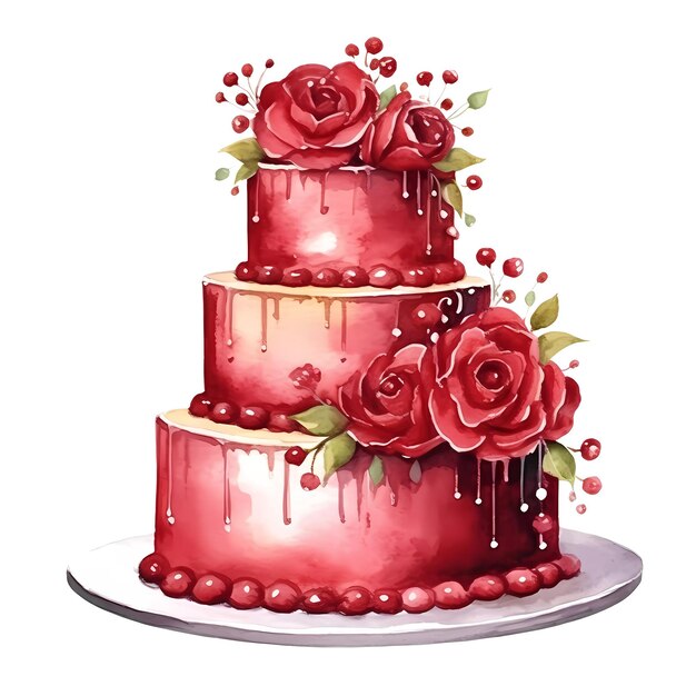 Red velvet wedding cake with dripping icing and rose adornments