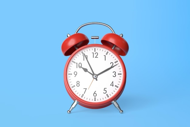 Red vintage alarm clock on blue background in pastel colors Minimal creative concept 3D render