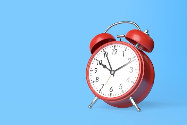 Red vintage alarm clock on blue background in pastel colors Minimal creative concept 3D render