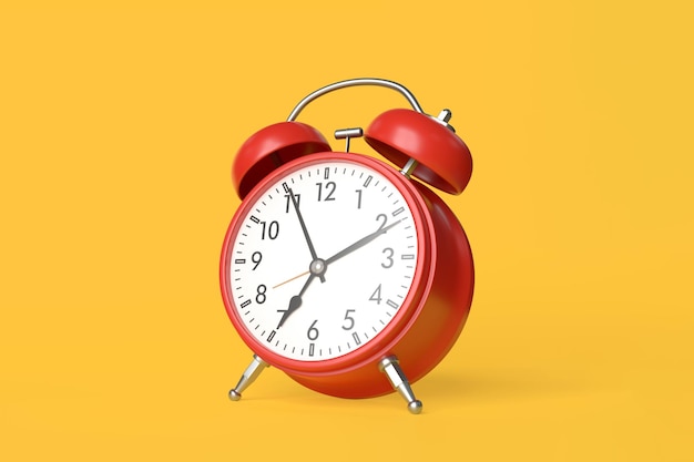 Red vintage alarm clock on yellow background in pastel colors Minimal creative concept 3D render