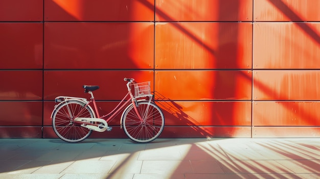 Photo a red vintage bicycle leans against a striking red wall in the sunlight illustrating an artistic merge of color and light in an urban setting