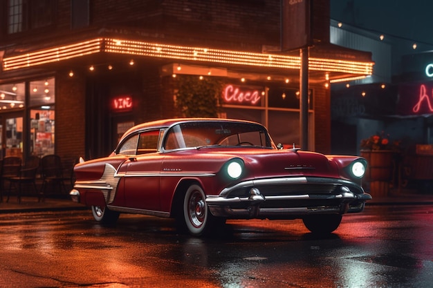 A red vintage car in front of a restaurant called cls.