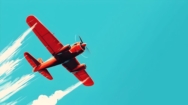 Red Vintage Propeller Plane Soaring in the Bright Blue SkyDigital Art